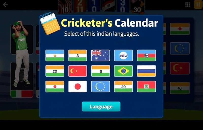 Cricketer's Calendar Localized Language Options Cricketer's Calendar game interface showing language selection screen with 16 Indian languages