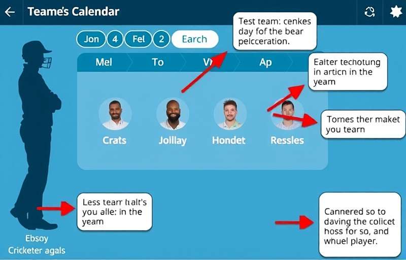 Cricketer's Calendar Team Selection Strategy Cricketer's Calendar strategy guide showing team selection interface with annotations explaining optimal player positions